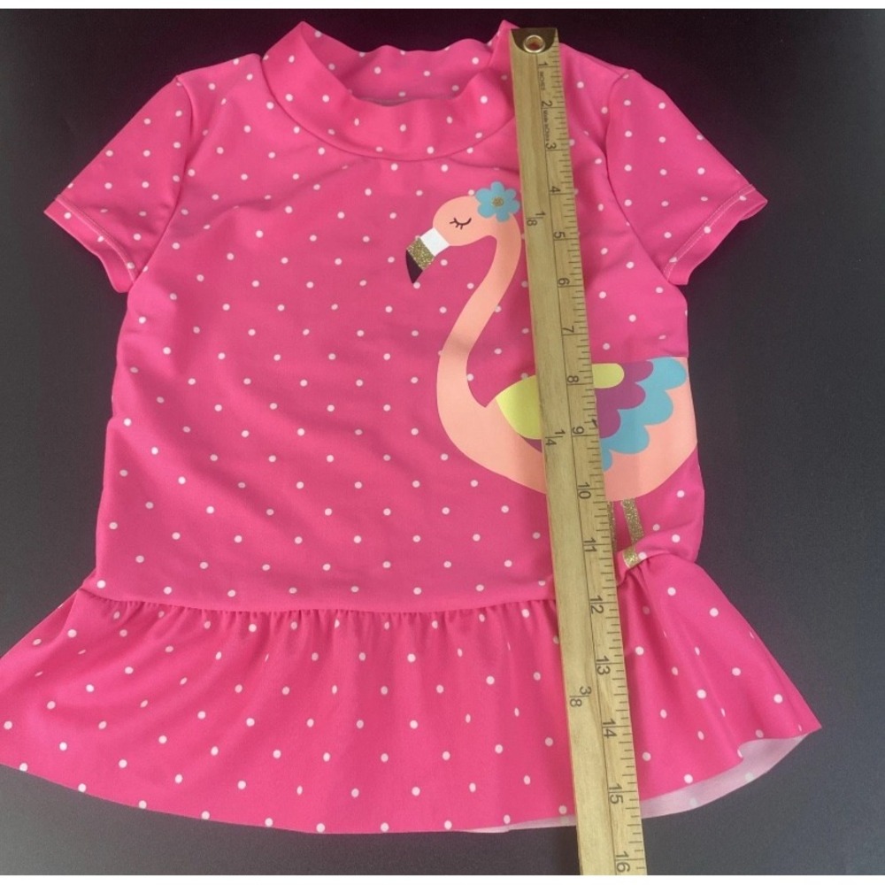 Carters Pink Polka Dot Flamingo Rash Guard Swim Top Ruffle Hem Size 4 5 - Picture 4 of 7